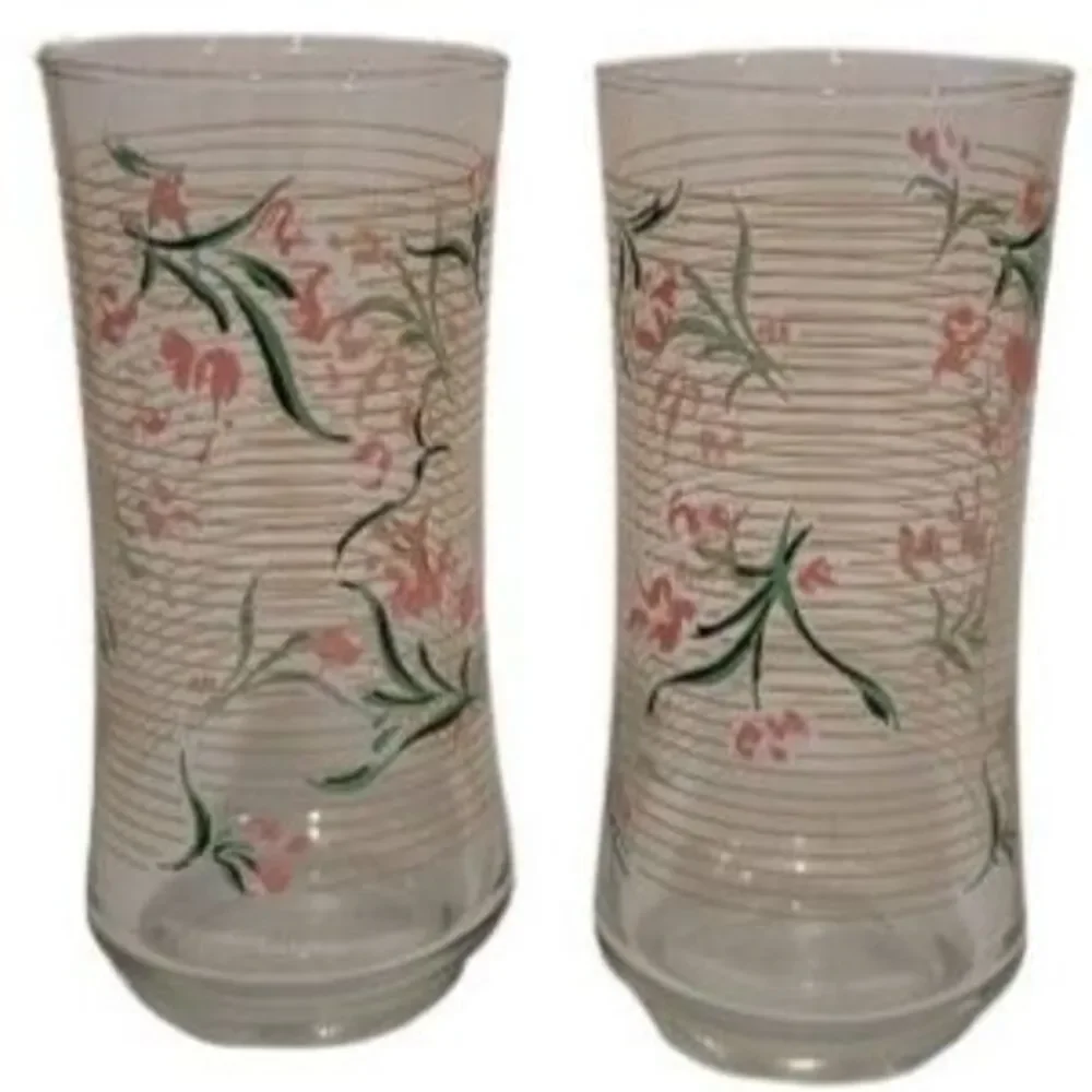 Libbey Vintage Pink & Green Striped Highball Glasses 6” Floral